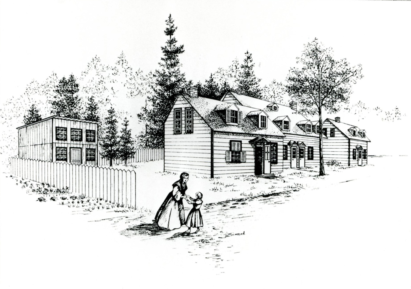 Nun in habit clasping arms with female child in a dress, three wooden buildings with gabled windows and trees in background.