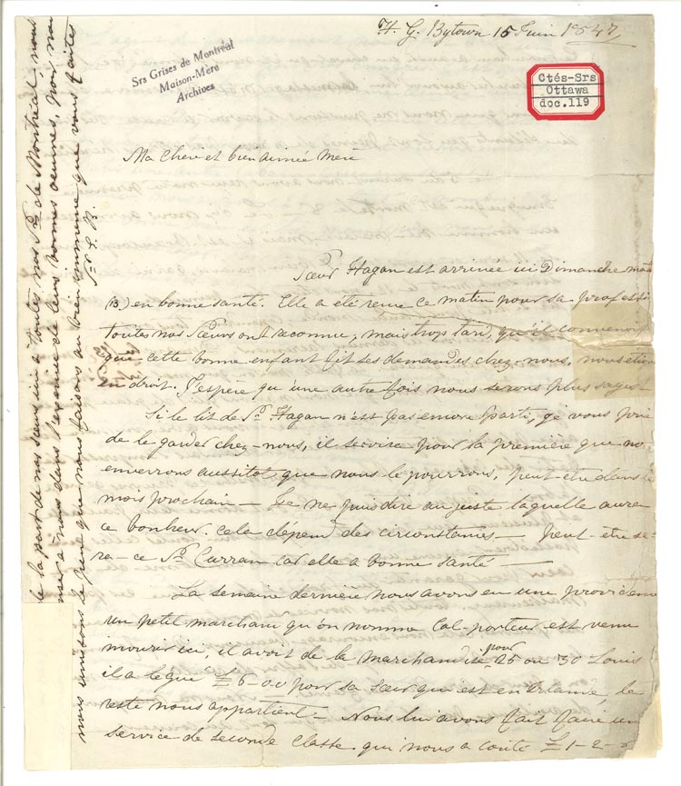 Hand written document in black ink on yellowing paper with red box and archival reference in top right hand corner. Side notes in left margin.