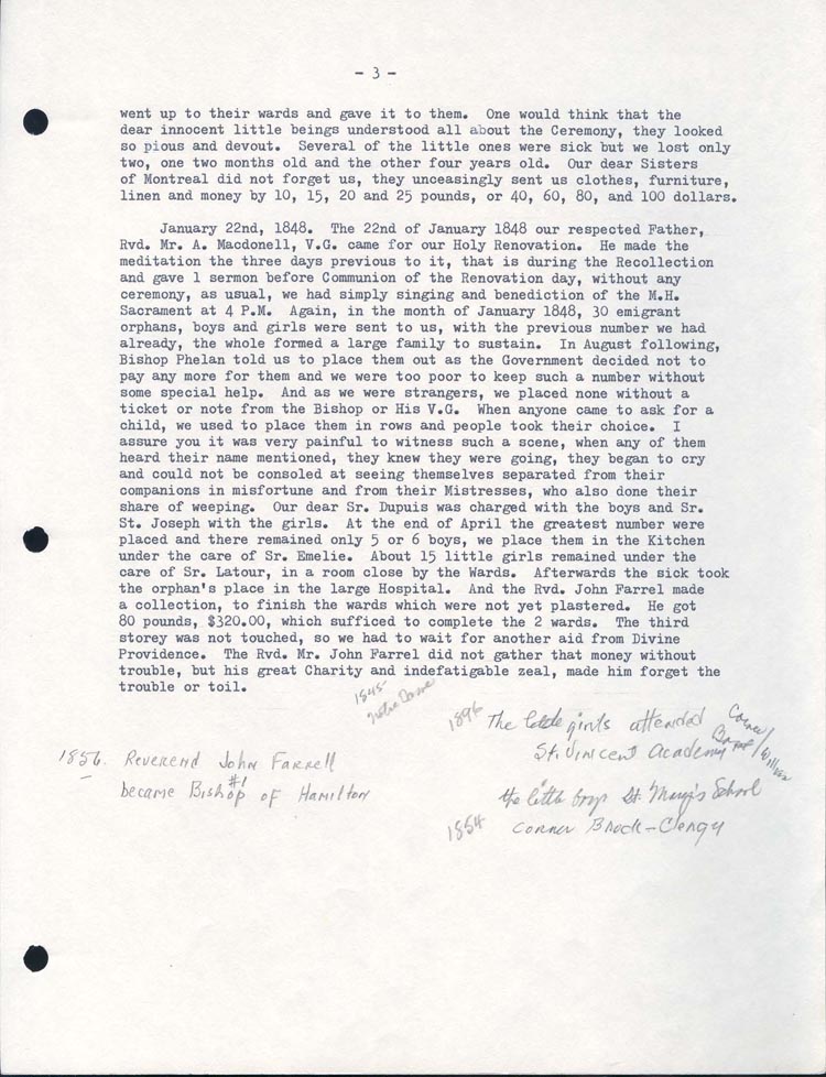 Document dactylographié en noir sur une feuille blanche numérotée de la page 3 et sur laquelle deux paragraphes sont rédigés. Une note manuscrite et certaines dates sont rédigées dans le bas de la page.