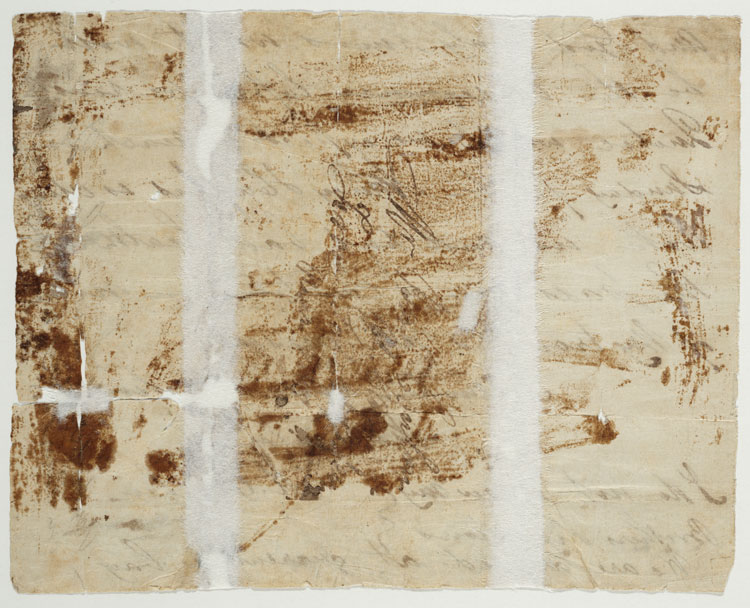 Brown and yellowing page of letter with no writing, and two vertical white stripes across it.