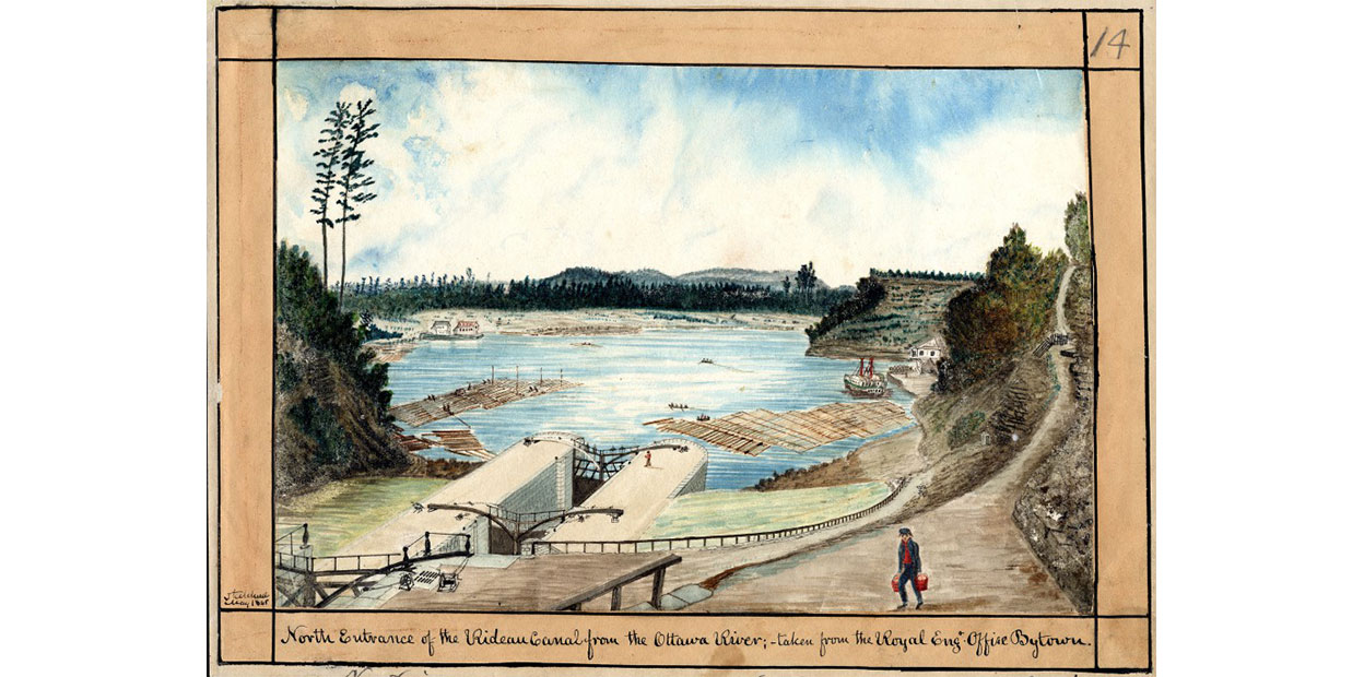 Illustrated painting of canal with elevated embankments emptying into river. In the middle ground right a steamer can be seen at a dock with many logs floating in the foreground. A person walks towards viewer along a dirt road on the right hand side of the illustration. In the background, the opposite shore of the river, forests, and rising hills can be seen . Thomas Burrowes painting done from the Royal Engineers Office at the first eight locks in May of 1845. North entrance of the Rideau Canal from the Ottawa River [1845] at bottom of image.