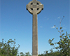 Tall grey Celtic Cross with blue sky in background, lush vegetation at its base.