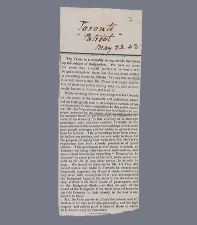Article d’un journal, long de trois paragraphes. Les mots manuscrits Toronto Patriot, 23 mai 1848 sont visibles dans le haut de la page.