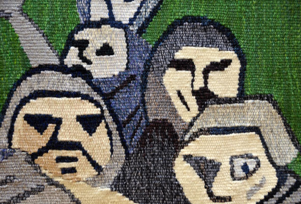Weaving of four stylized, cartoonish faces of people walking forward against a green background.
